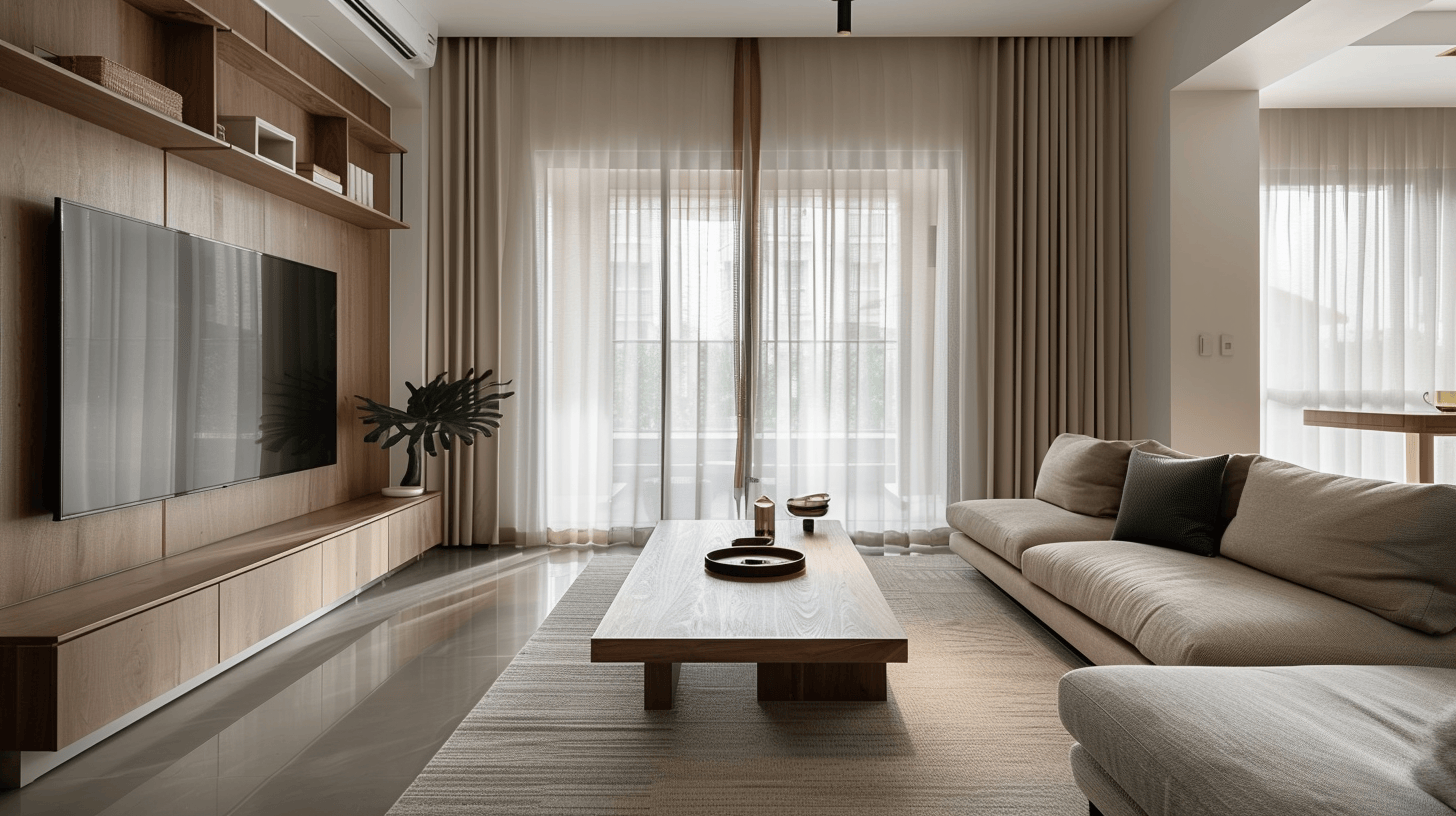 Minimalist living room style with soft tones and sleek curtains