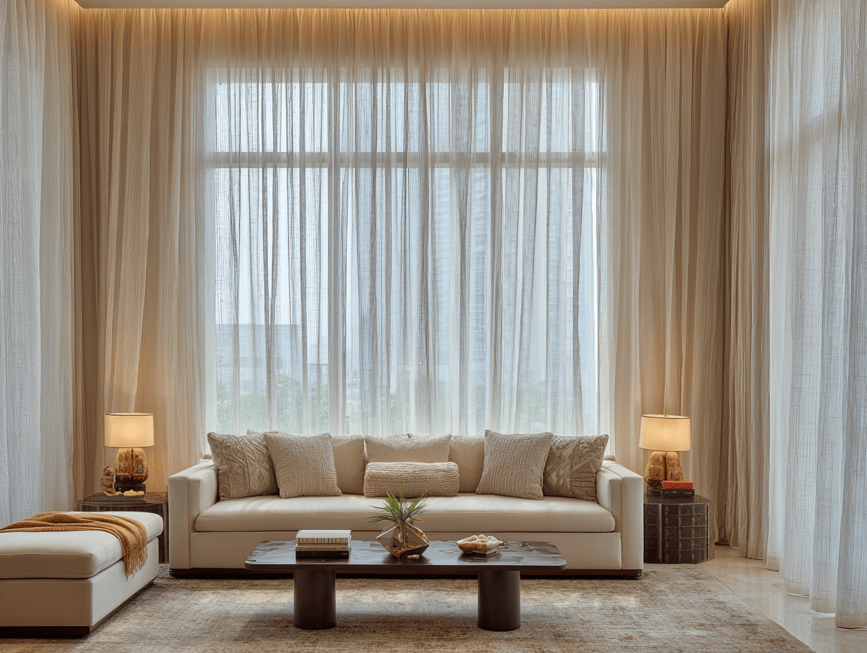 Cozy living room style with sheer curtains and warm lighting