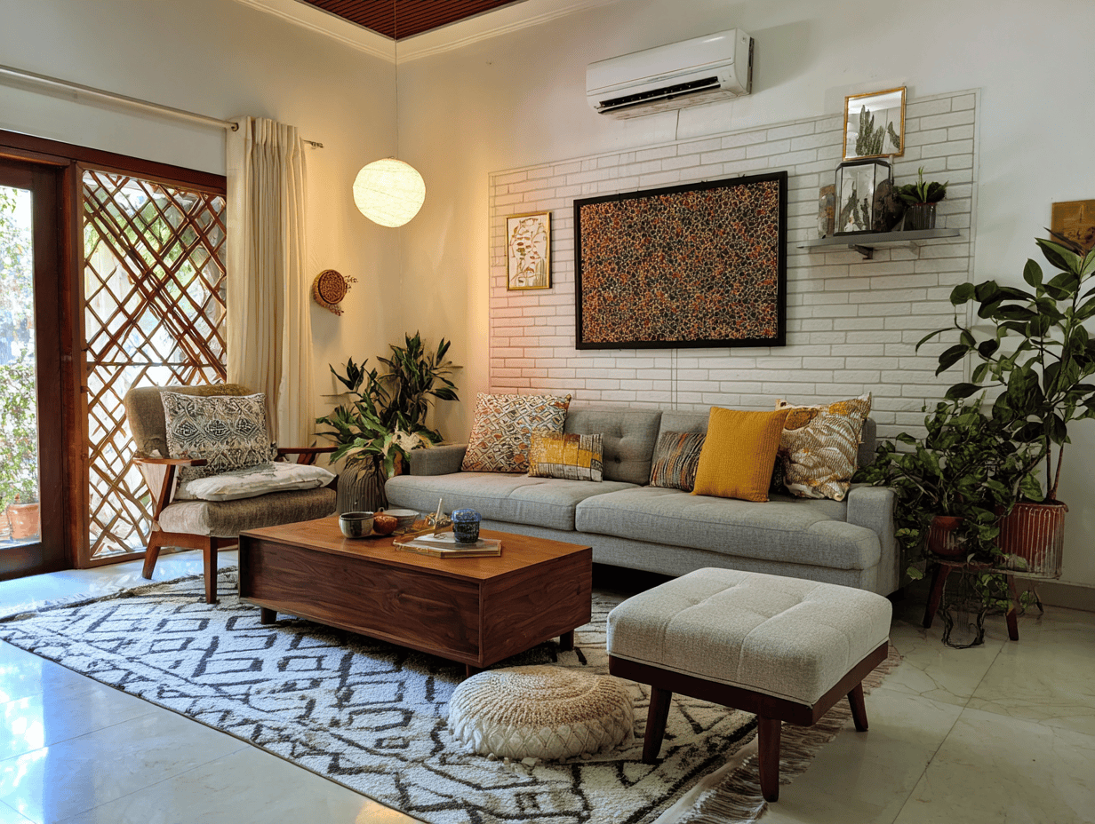 Vibrant living room style with indoor plants and wooden accents