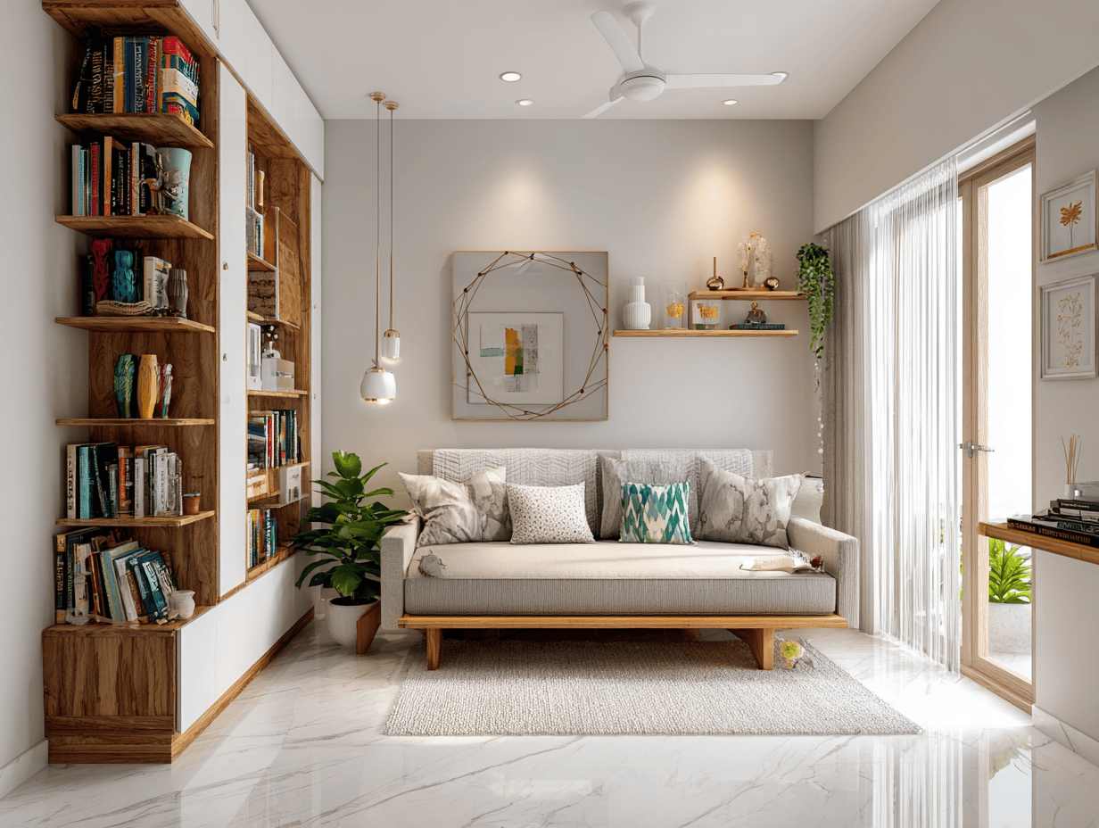 Bright living room style with bookshelf and cozy seating corner