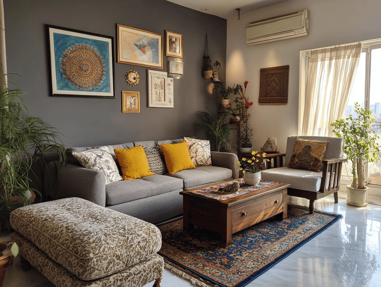 Eclectic living room style with cozy seating and wall gallery