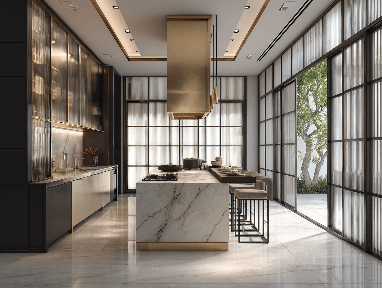 Sleek kitchen door designs with black-framed glass panels and natural light