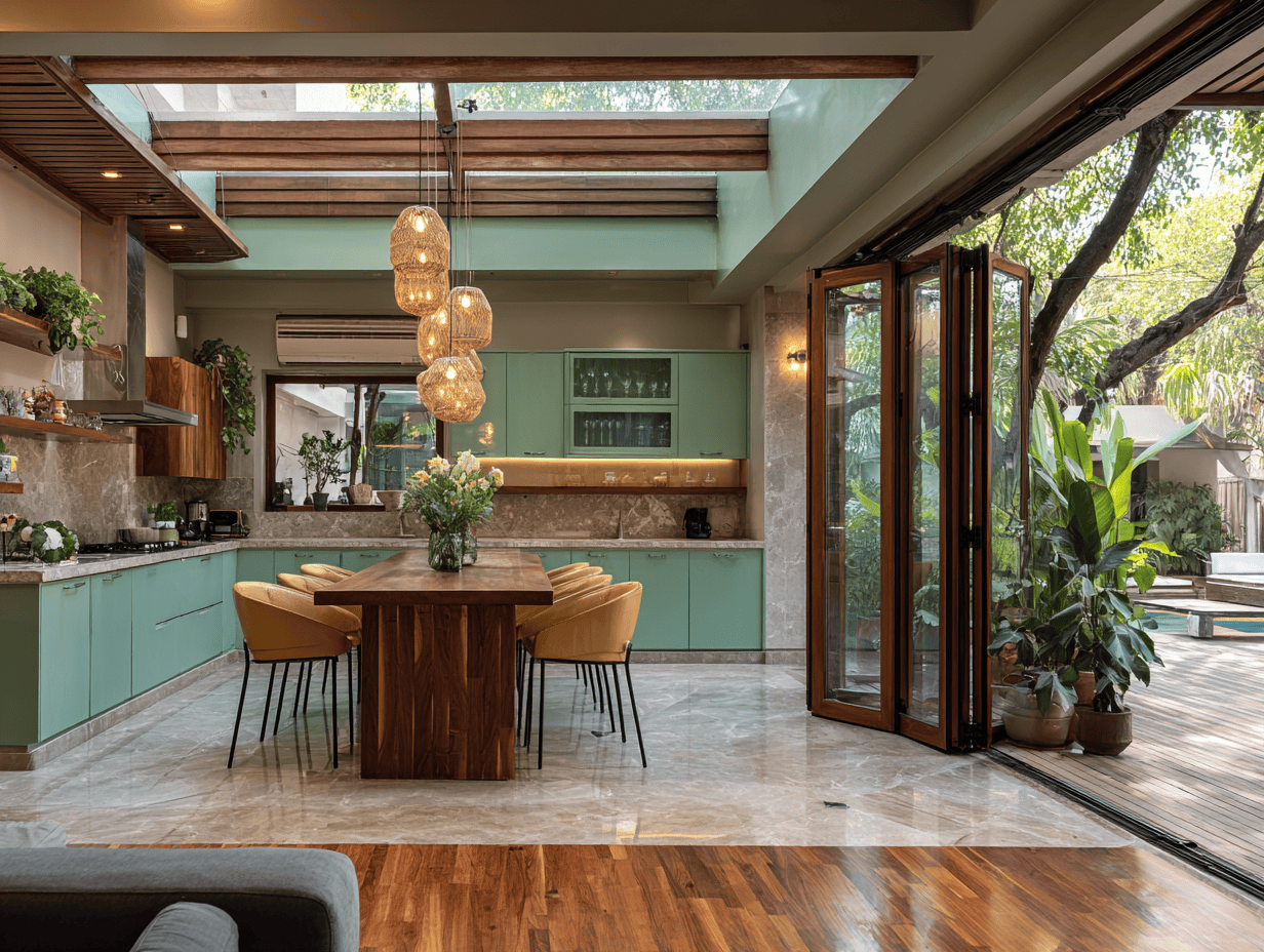 Tropical kitchen door designs with folding glass doors and lush outdoor view