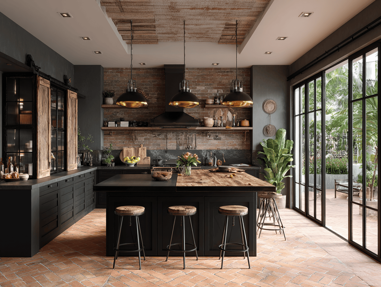 Rustic kitchen door designs with barn-style shutters and black metal framing