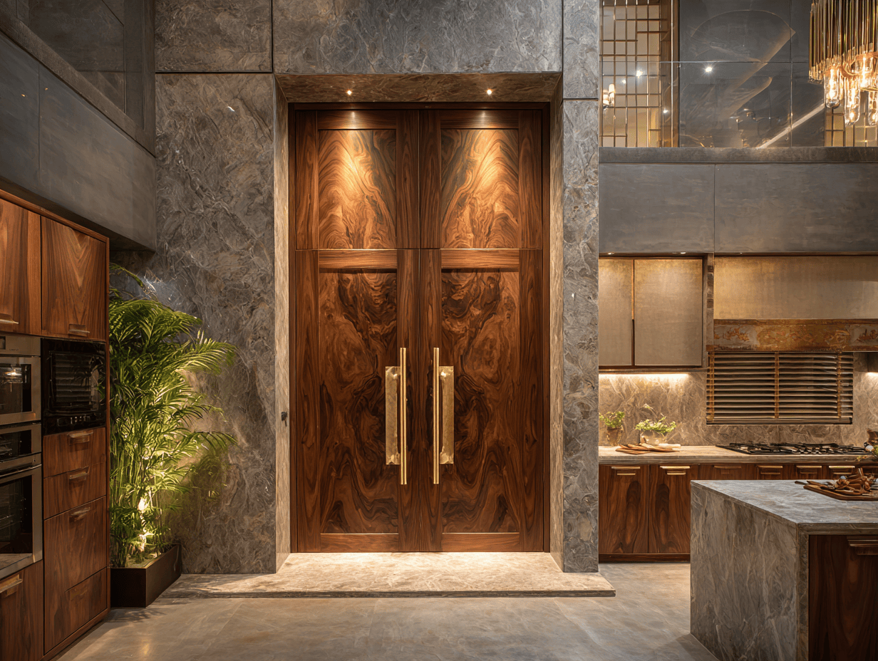 Luxurious kitchen door designs in natural wood with grand brass handles