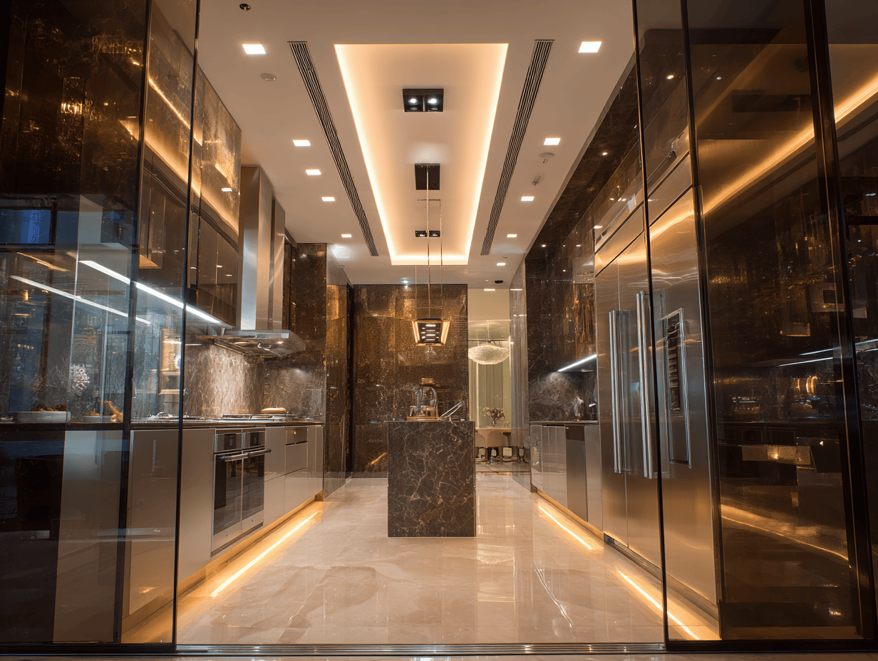 High-gloss kitchen door designs with glass panels and ambient LED lighting