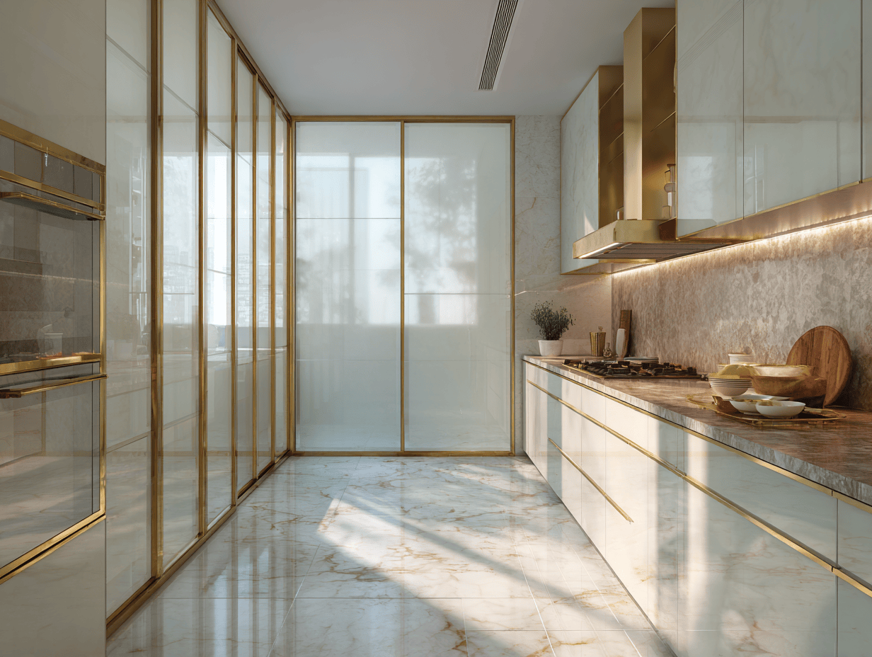 Glossy kitchen door designs with gold-framed glass and marble finishes