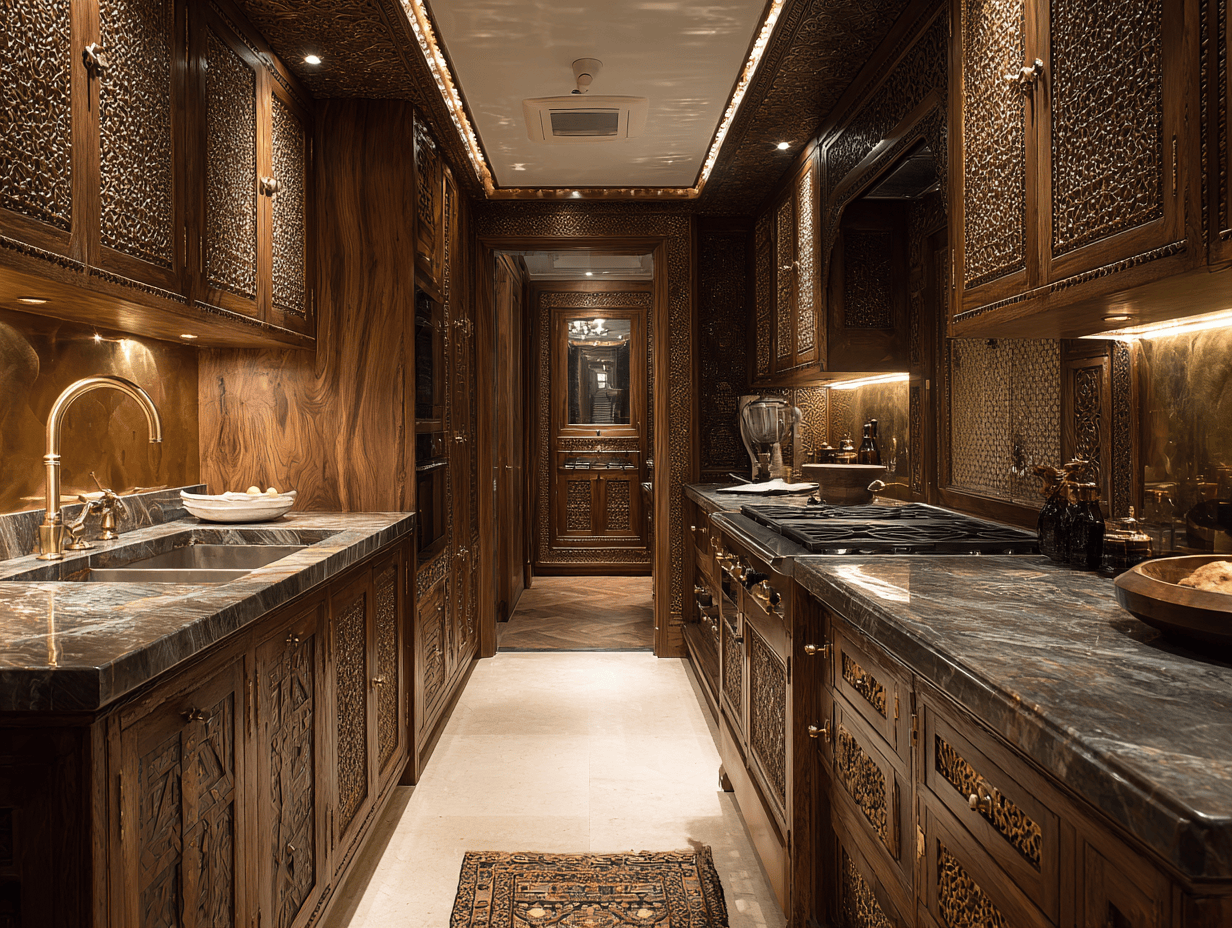 Intricate kitchen door designs with hand-carved wood and royal brass accents