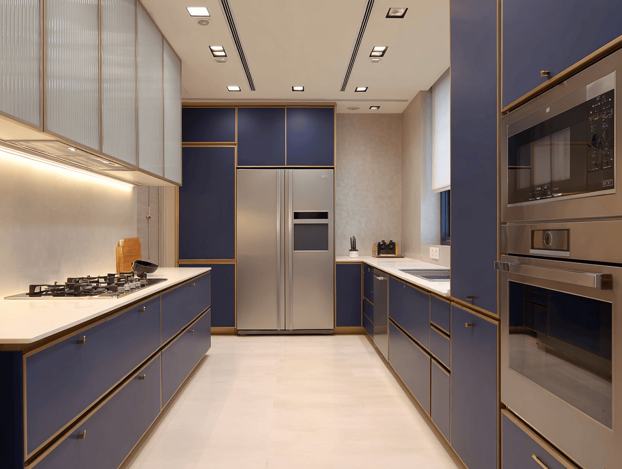 Contemporary kitchen door designs with matte blue finish and gold trims