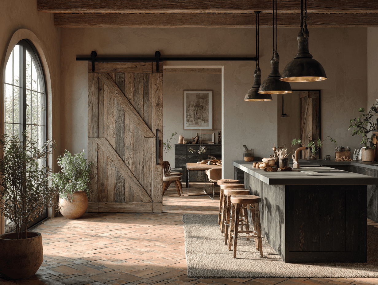Rustic kitchen door designs featuring sliding barn-style wooden panels