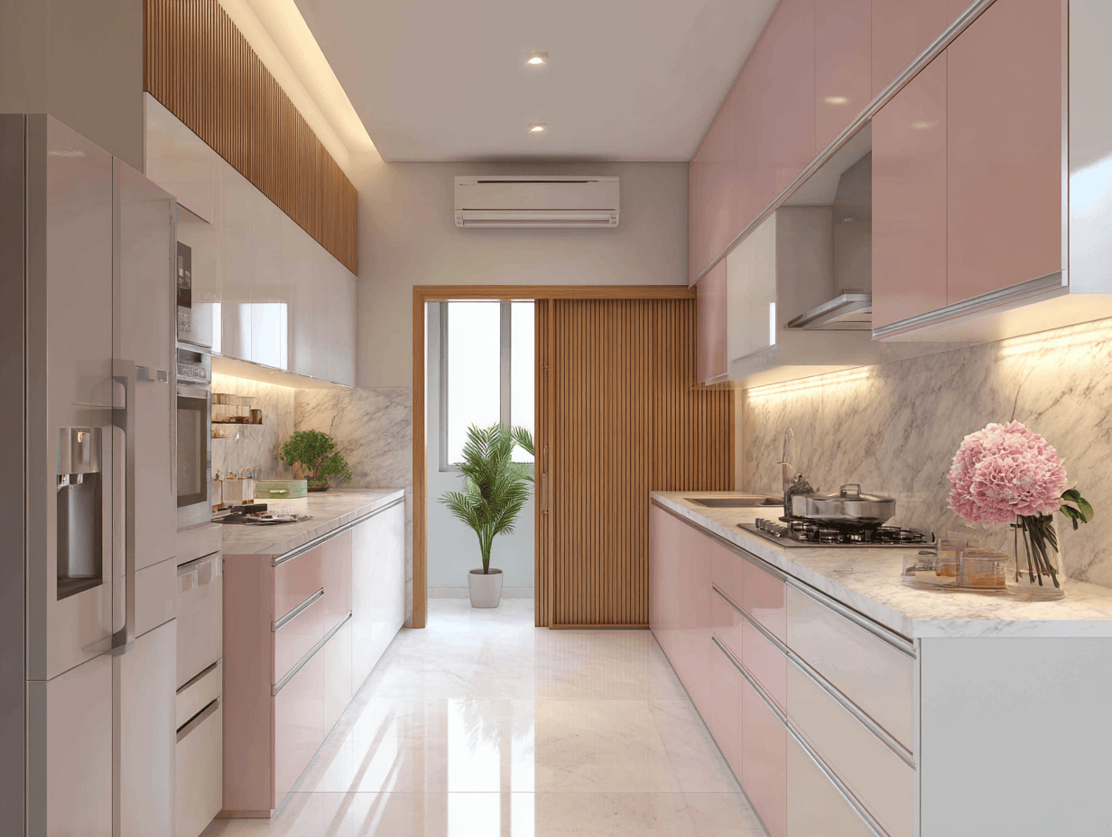 Minimalist kitchen door designs with sliding wood panel and pastel interiors