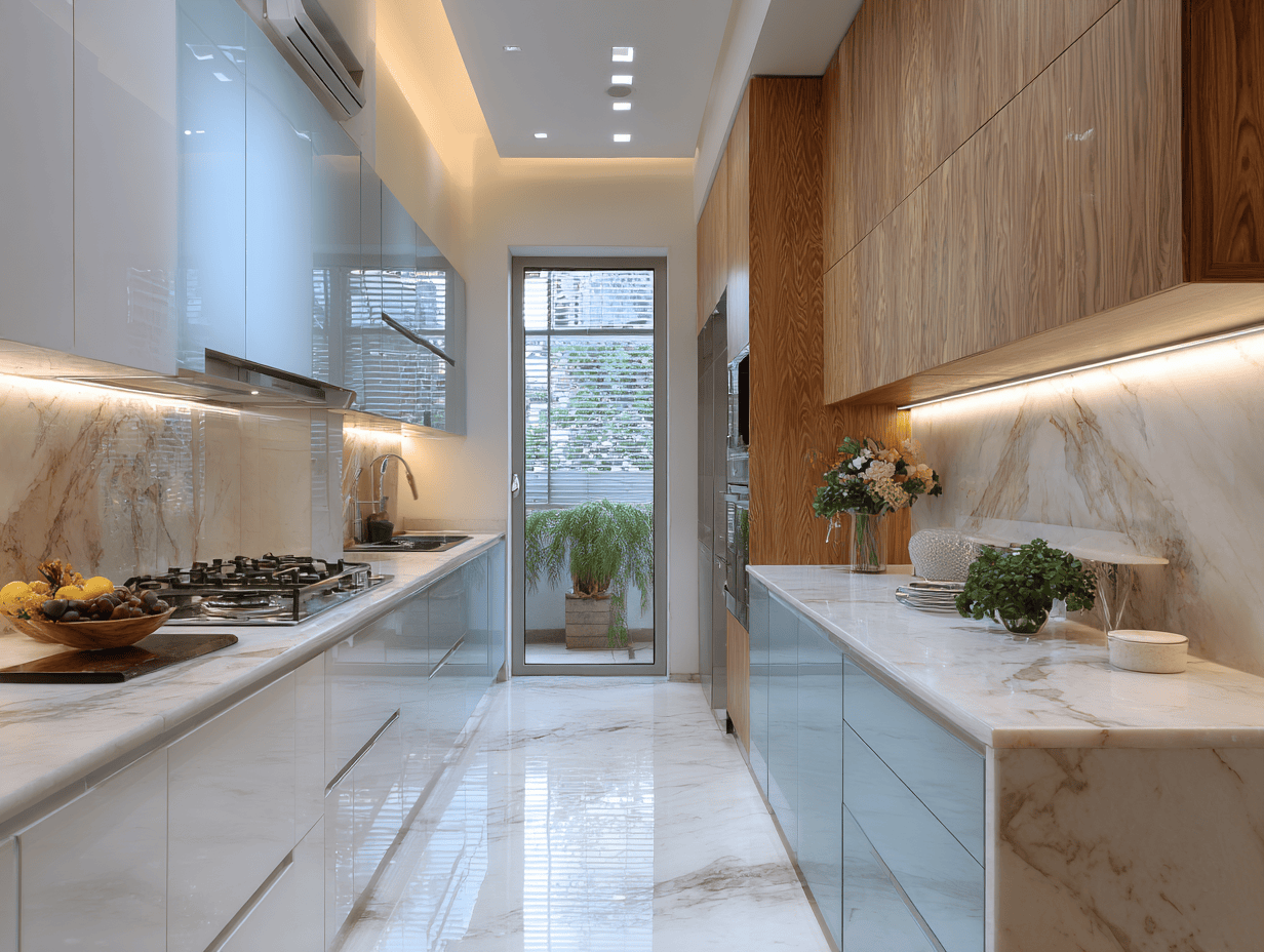 Minimal kitchen door designs with soft wooden accents and marble finishes