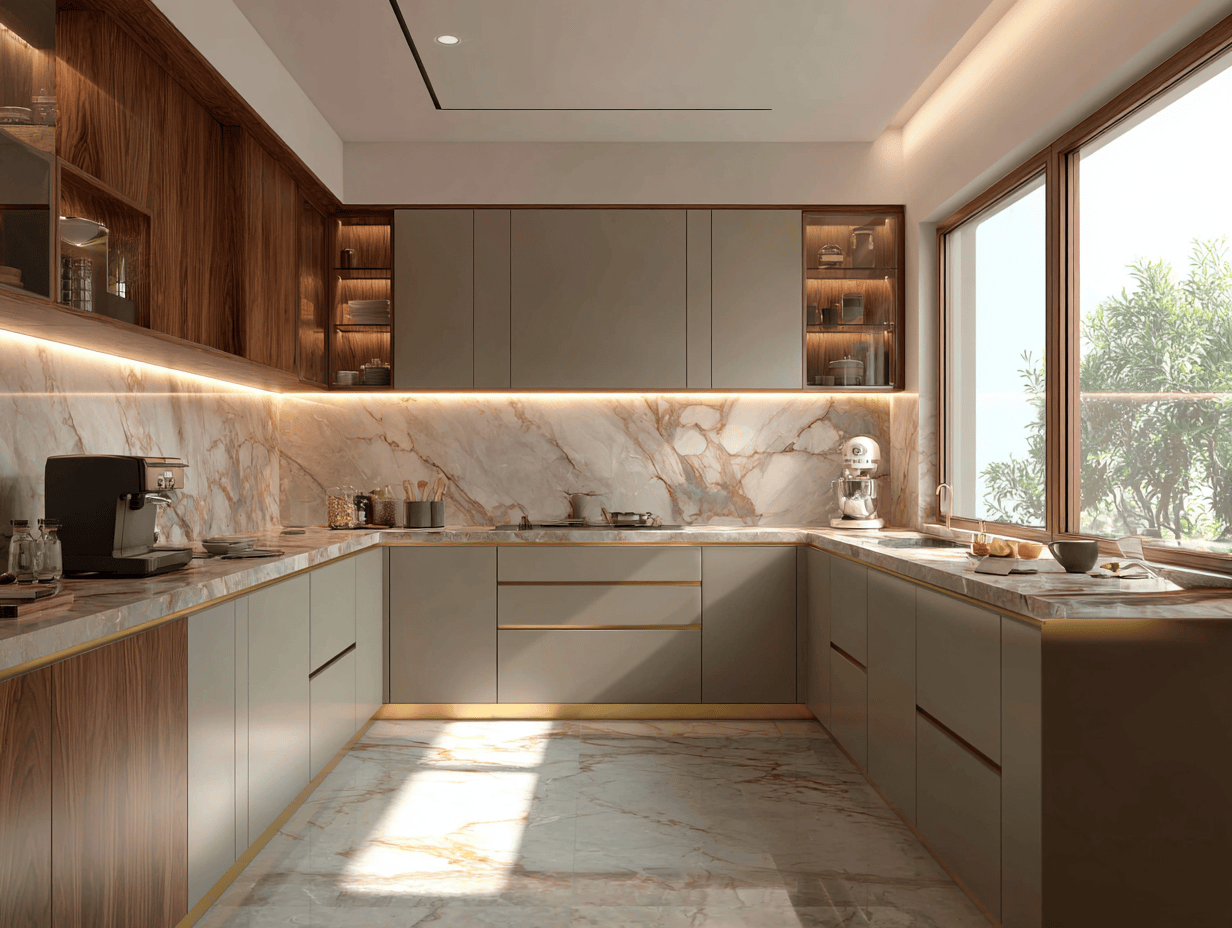 Elegant modern kitchen cupboard designs in marble finish