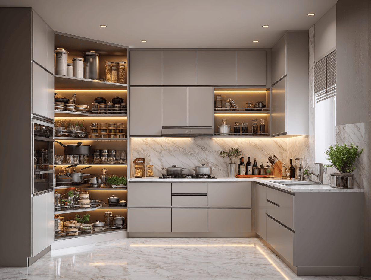Elegant modern kitchen cupboard designs with pantry shelving