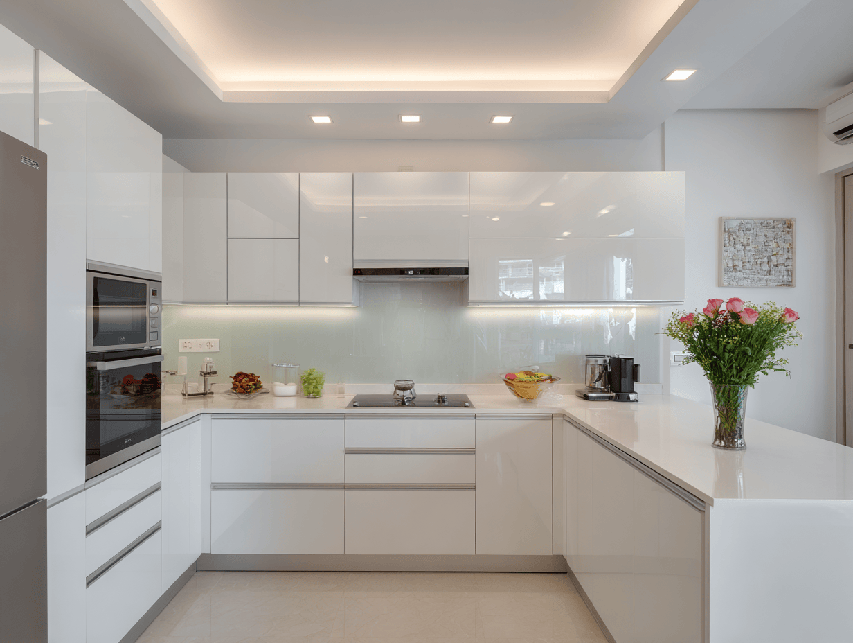 White modern kitchen cupboard designs with glossy L-shaped layout