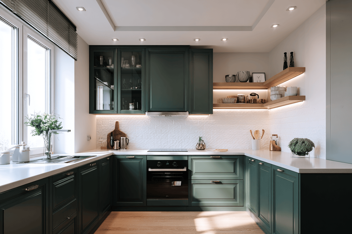 Elegant modern kitchen cupboard designs with green matte finish