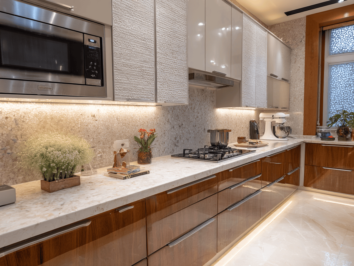 Elegant modern kitchen cupboard designs with glossy wood finish