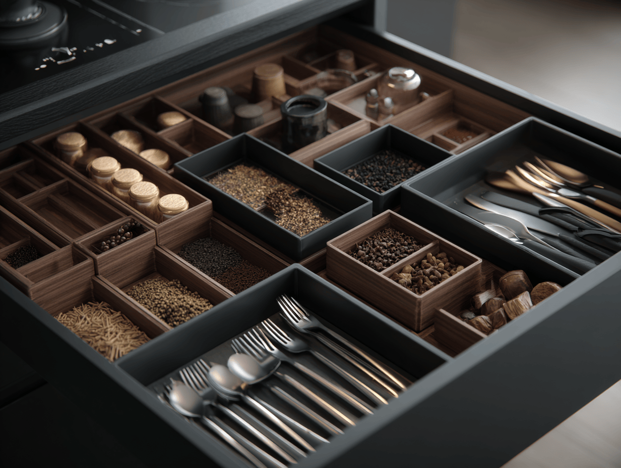 Smart modern kitchen cupboard designs with spice and cutlery storage