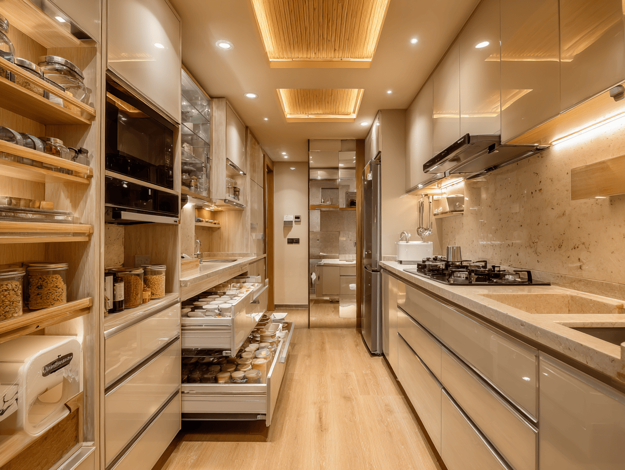 Smart modern kitchen cupboard designs with pull-out storage units and lighting