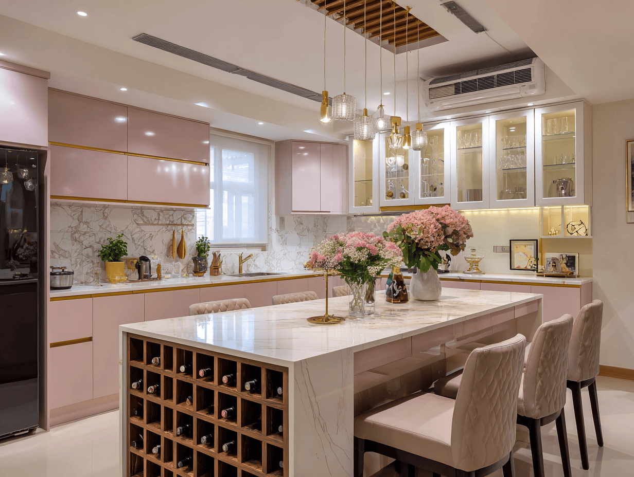 Luxury modern kitchen cupboard designs in pink and gold finish