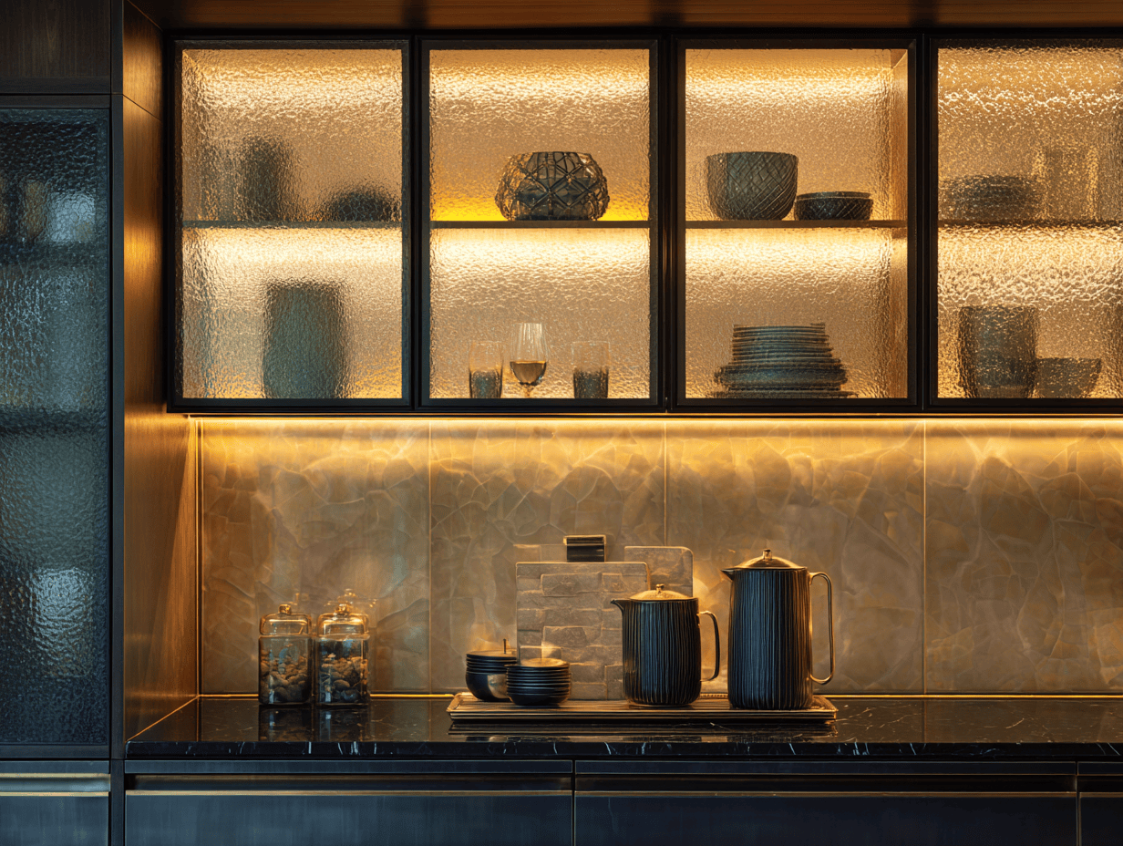 Elegant modern kitchen cupboard designs with glass panels