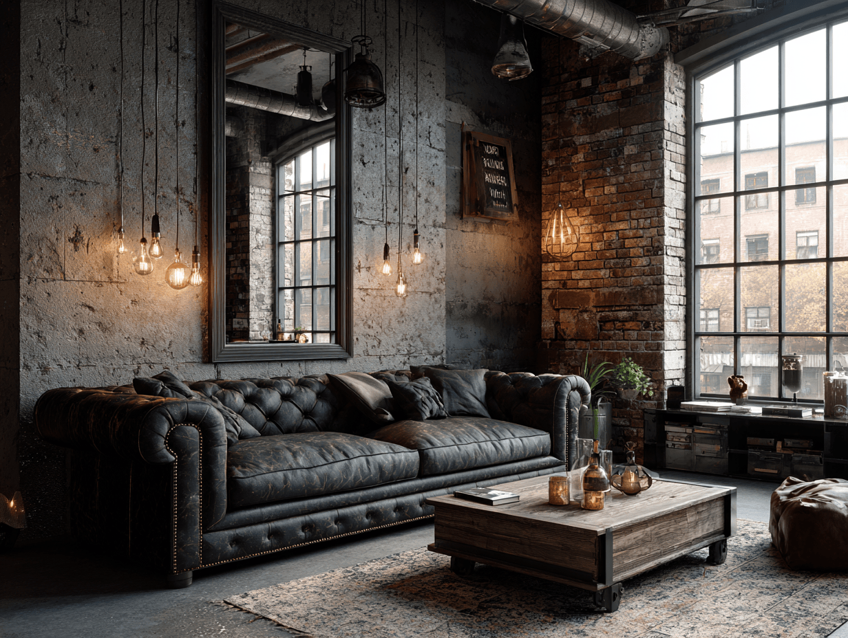 Industrial wall panel design for living room with exposed brick and concrete finish