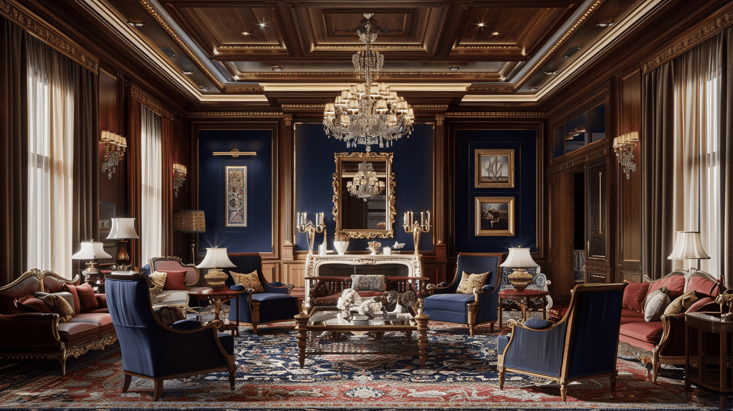 Classic wall panel design for living room with wood detailing and navy blue accents