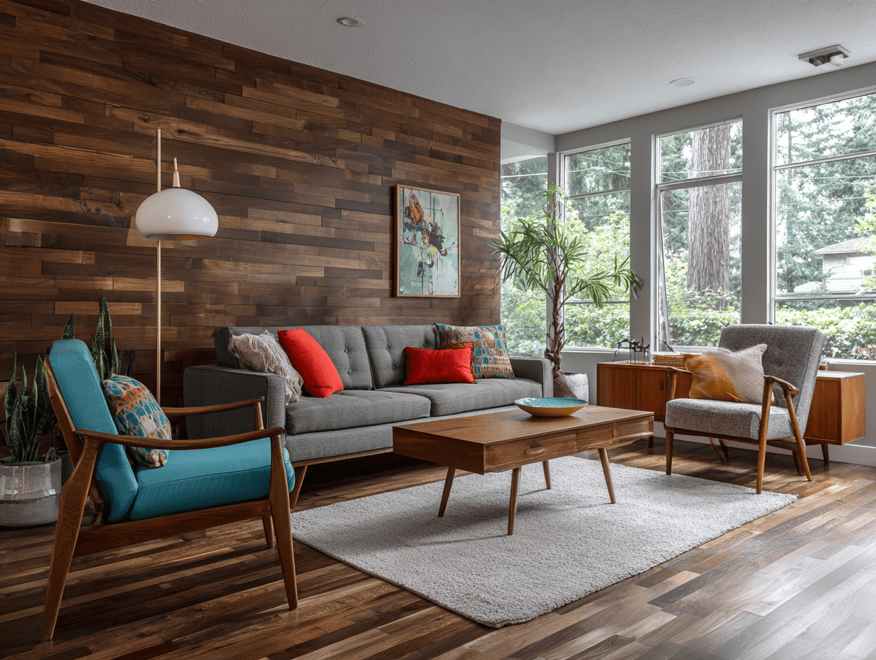 Mid-century wall panel design for living room with warm wooden slat backdrop