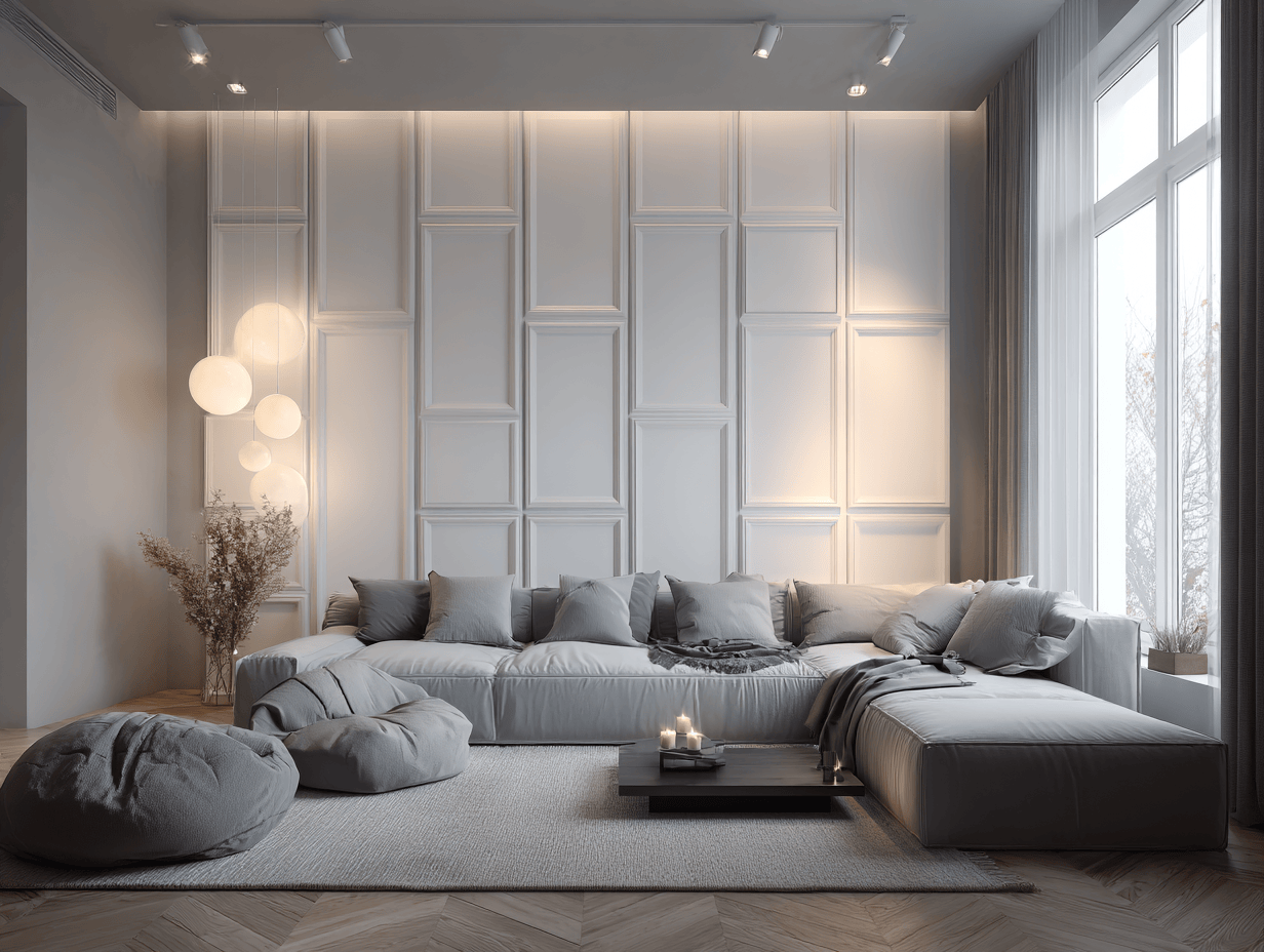 Minimalist wall panel design for living room with elegant vertical grid moulding