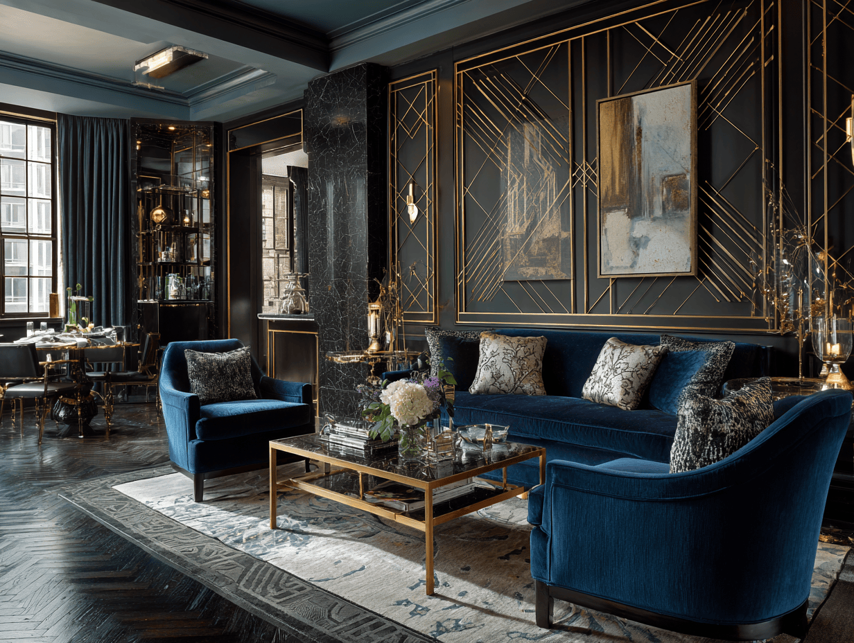 Luxurious wall panel design for living room with gold geometric Art Deco patterns