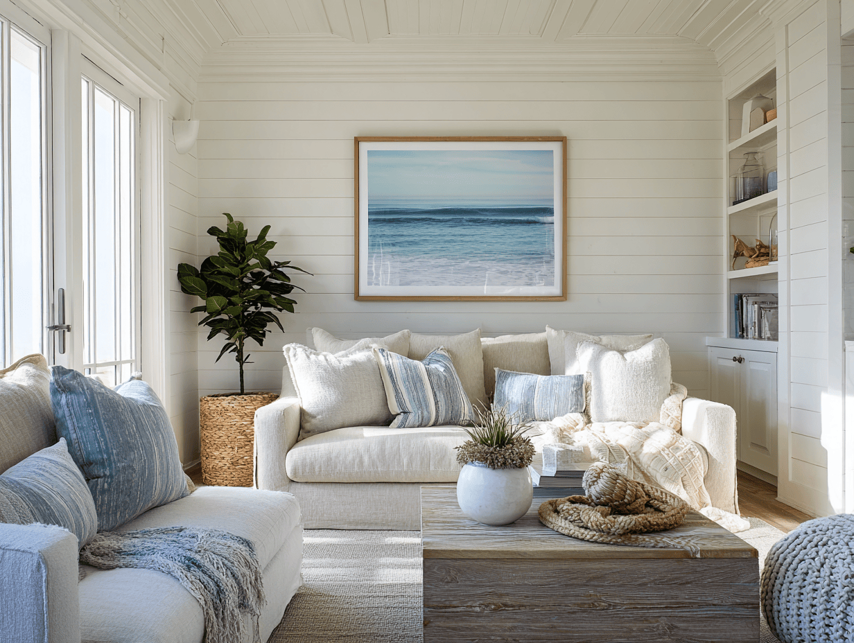 Coastal wall panel design for living room with white shiplap and soft textures
