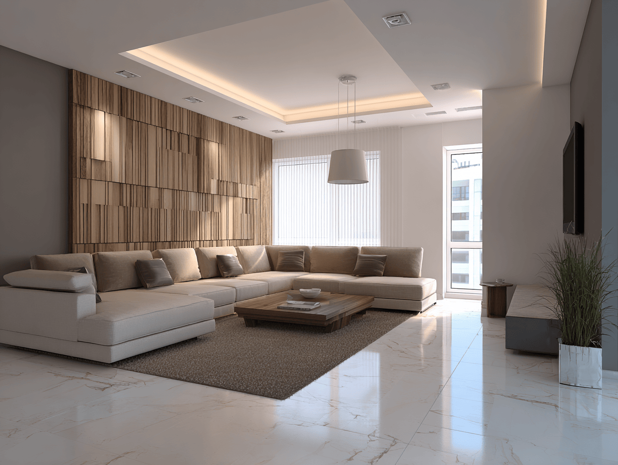 Contemporary wall panel design for living room with layered wooden geometric textures
