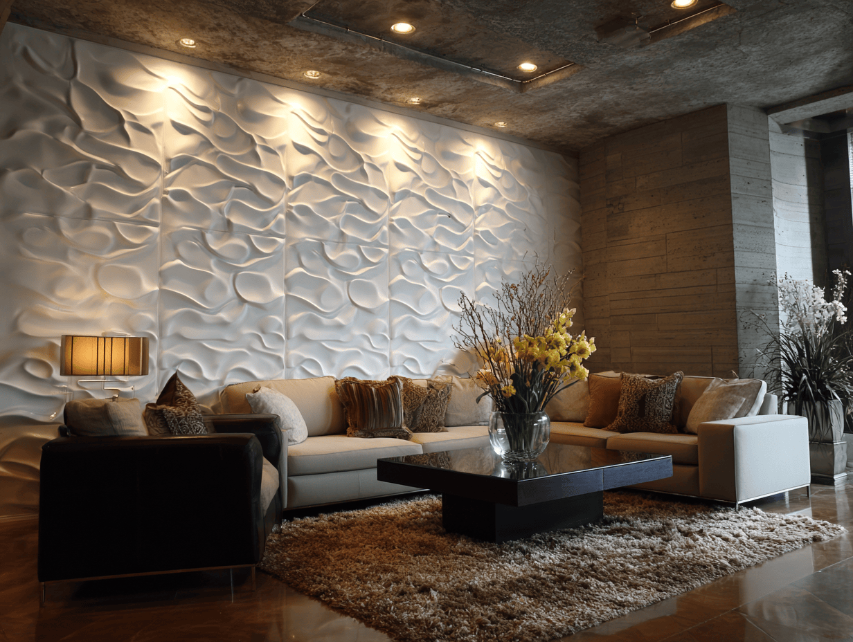 Textured wall panel design for living room with sculptural 3D white wave panels
