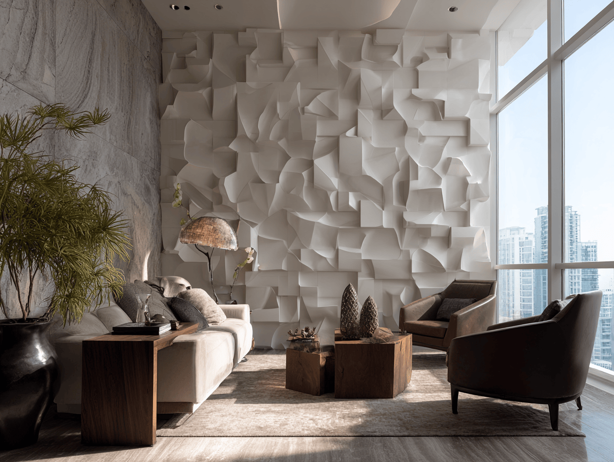 Architectural wall panel design for living room with abstract white 3D blocks