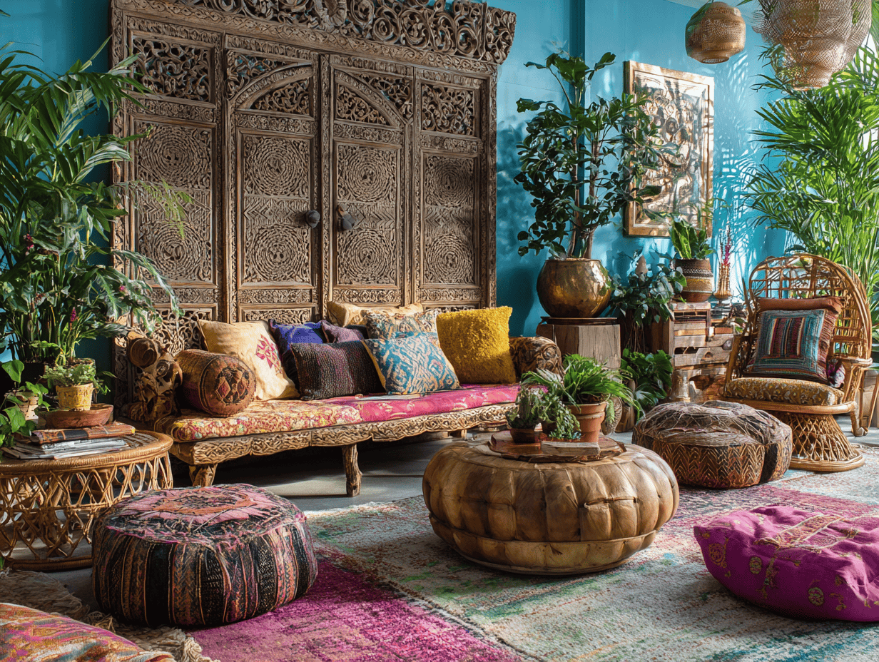 Bohemian wall panel design for living room featuring carved wooden textures