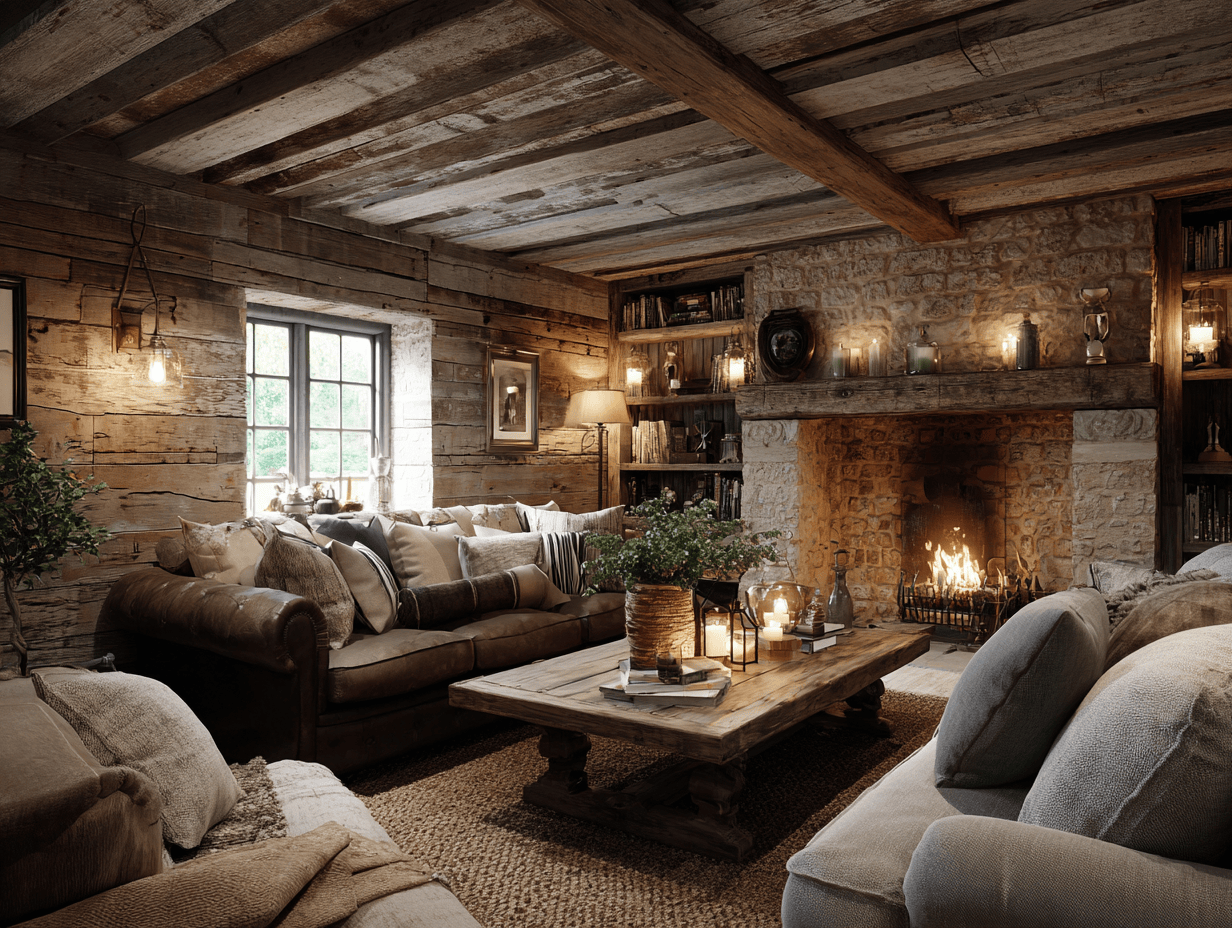 Rustic wall panel design for living room with reclaimed wood and stone fireplace