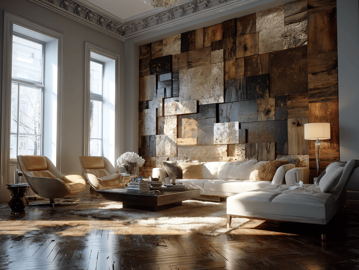 Textural wall panel design for living room with gold-accented wooden mosaic tiles