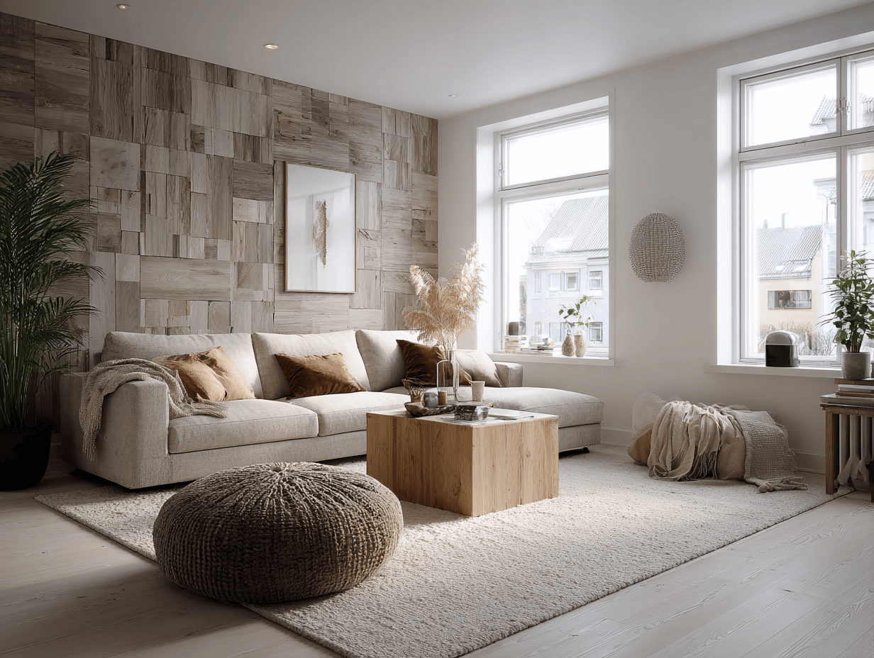 Scandinavian wall panel design for living room with light wood tile pattern