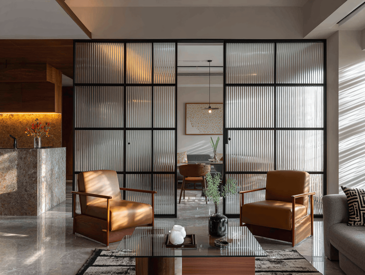 Elegant living room partition design with ribbed glass panels