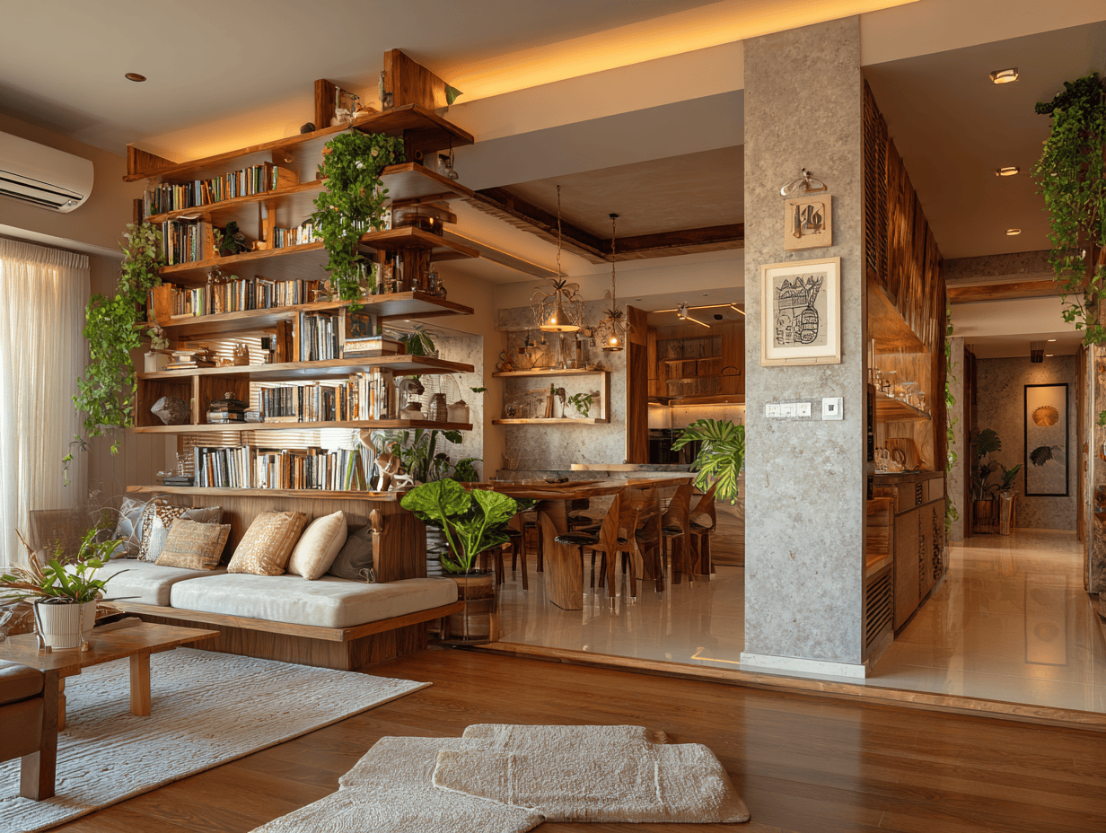 Bookshelf living room partition design with cozy wooden accents