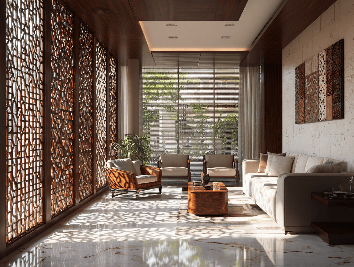 Elegant living room partition design with natural wooden screen
