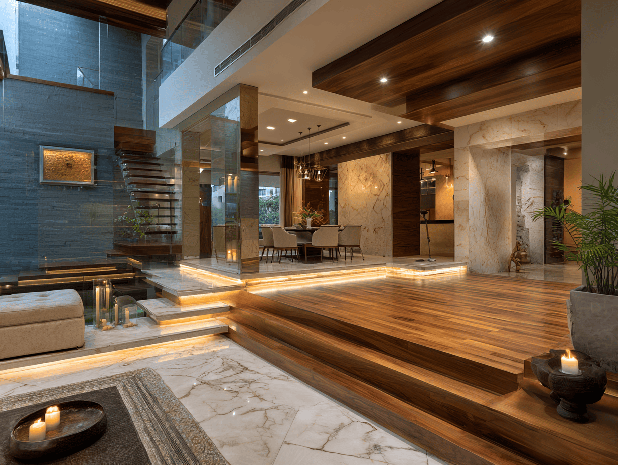 Luxury living room partition design showcasing marble and glass