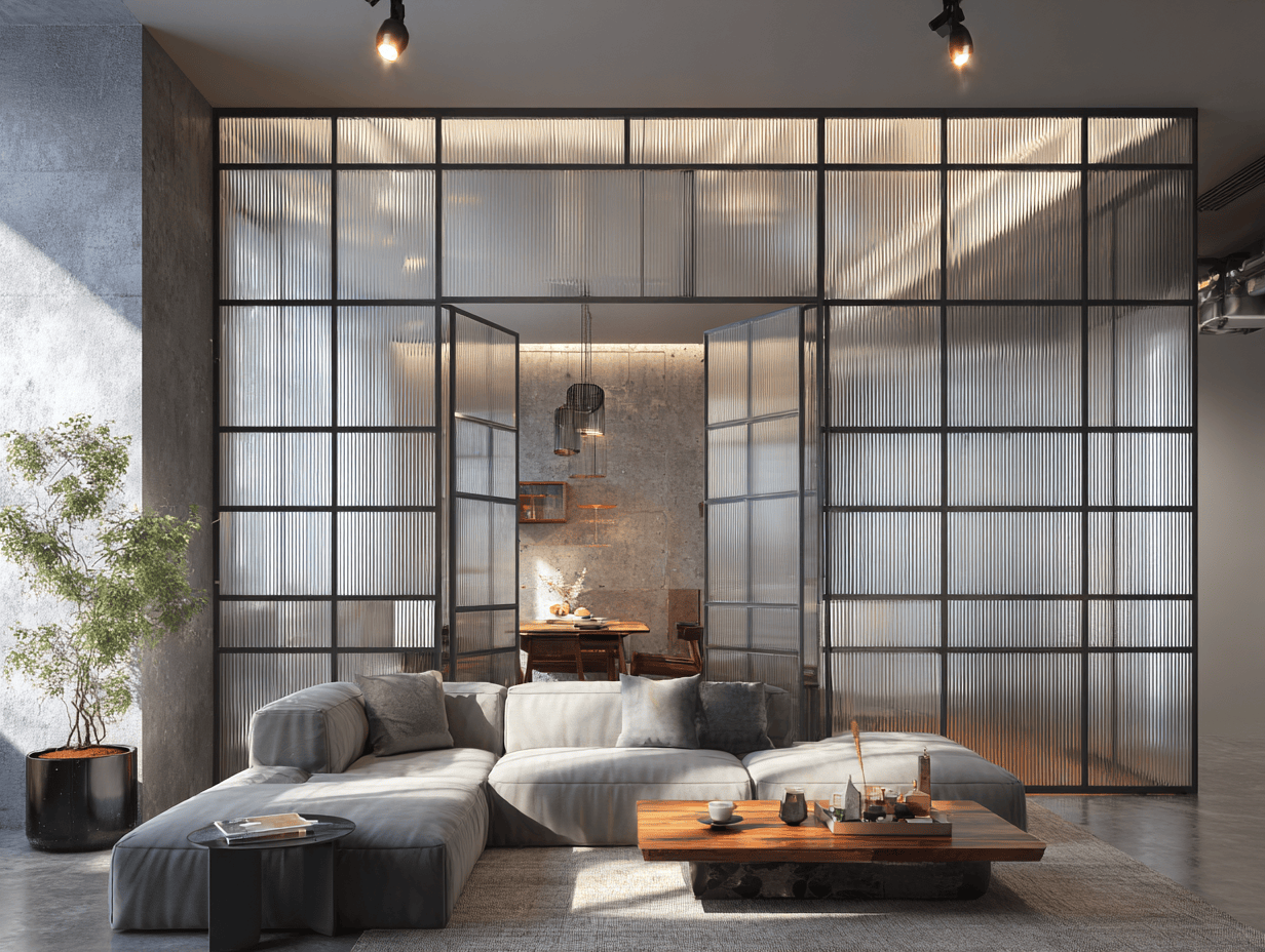 Modern living room partition design with glass and metal framing