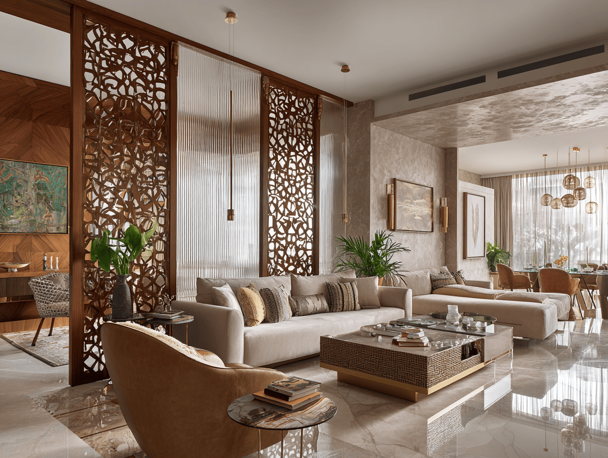 Elegant living room partition design with wooden carved panels