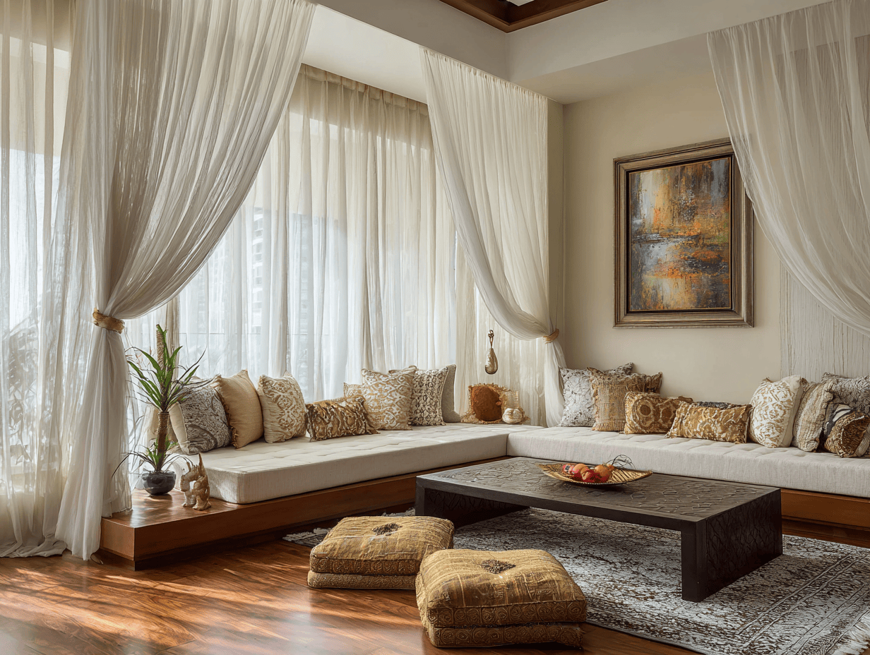 Cozy living room partition design using sheer drapes and wood tones