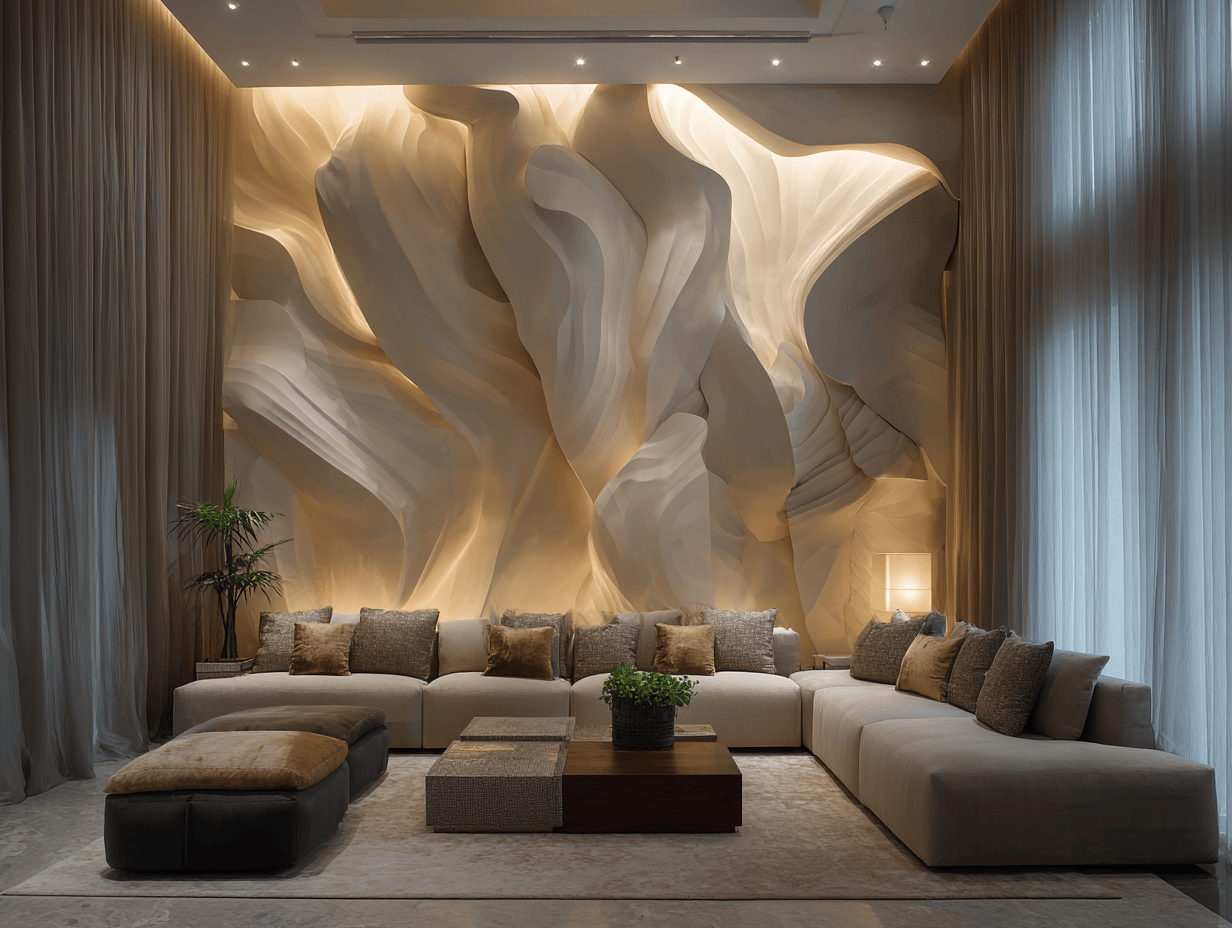 Sculpted living room wallpaper designs with modern 3D texture and ambient lighting