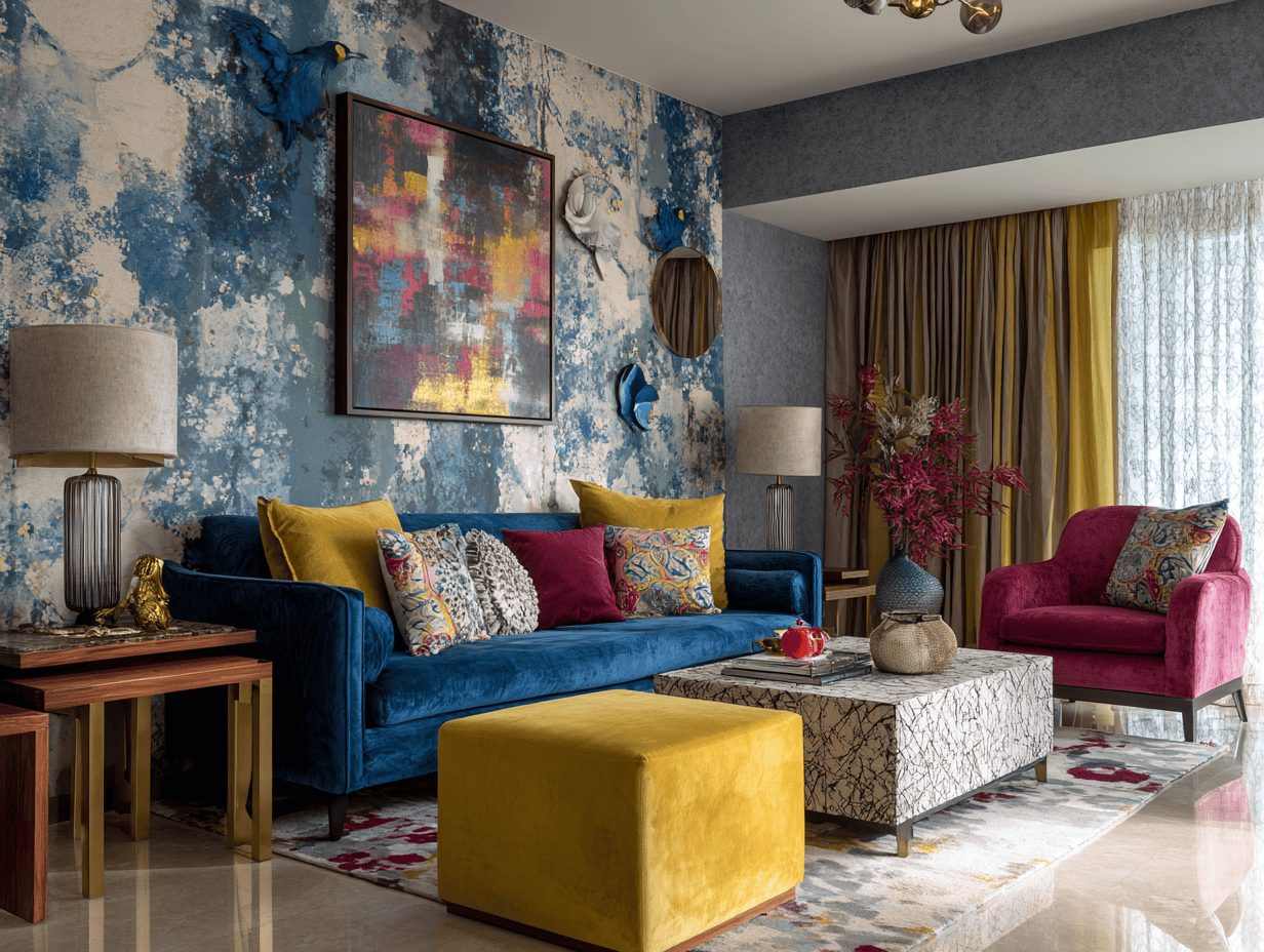Eclectic living room wallpaper designs in bold abstract blues with vibrant furniture accents