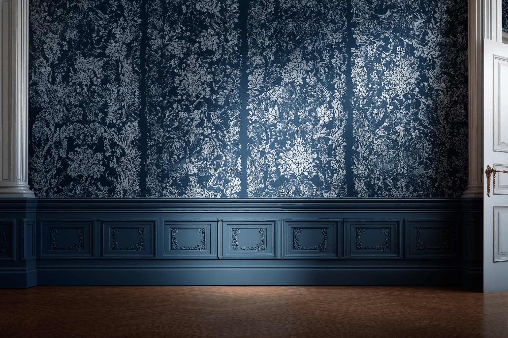 Baroque-inspired living room wallpaper designs in rich navy with intricate floral patterns