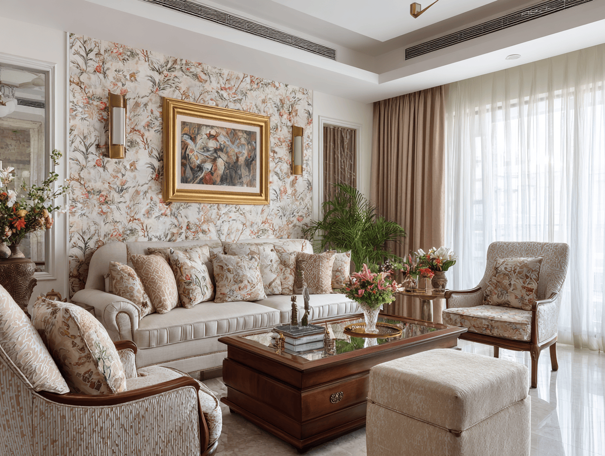 Elegant living room wallpaper designs with floral prints and a soft neutral palette