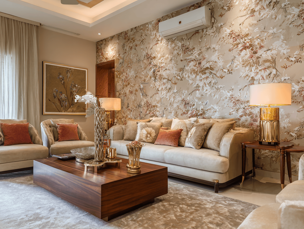 Elegant living room wallpaper designs with floral prints and beige-gold luxurious tones